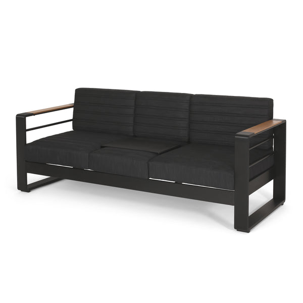 gdf studio Neffs Outdoor Aluminum 3 Seater Sofa with Water Resistant Cushions Black Natural and Dark Gray