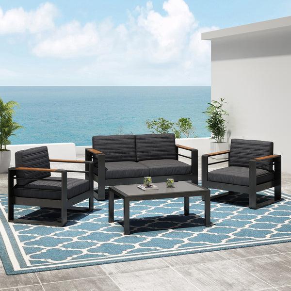 Gdf Studio Neffs Outdoor Aluminum 4 Seater Chat Set Black Natural And Gray
