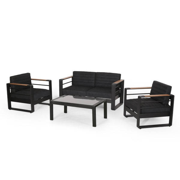gdf studio Neffs Outdoor Aluminum 4 Seater Chat Set Black Natural and Gray