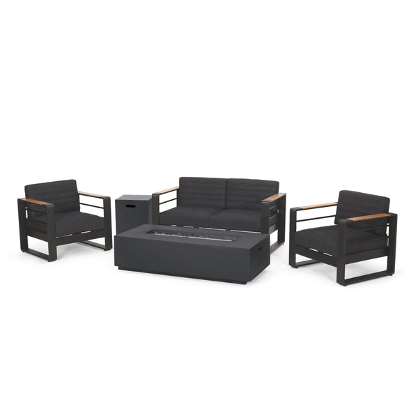 gdf studio Neffs Outdoor Aluminum 4 Seater Chat Set with Fire Pit Black Natural and Dark Gray