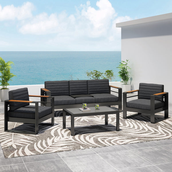 Gdf Studio Neffs Outdoor Aluminum 5 Seater Chat Set With Water Resistant Cushions Black Natural And Dark Gray
