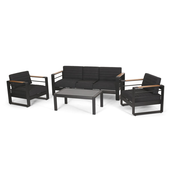 gdf studio Neffs Outdoor Aluminum 5 Seater Chat Set with Water Resistant Cushions Black Natural and Dark Gray