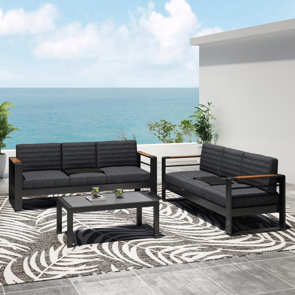 Gdf Studio Neffs Outdoor Aluminum 6 Seater Chat Set With Water Resistant Cushions Black Natural And Dark Gray