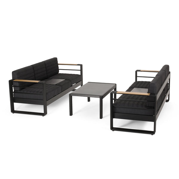 gdf studio Neffs Outdoor Aluminum 6 Seater Chat Set with Water Resistant Cushions Black Natural and Dark Gray