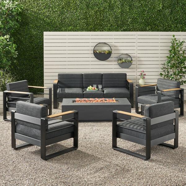Gdf Studio Neffs Outdoor Aluminum 7 Seater Chat Set With Fire Pit Black Natural And Dark Gray