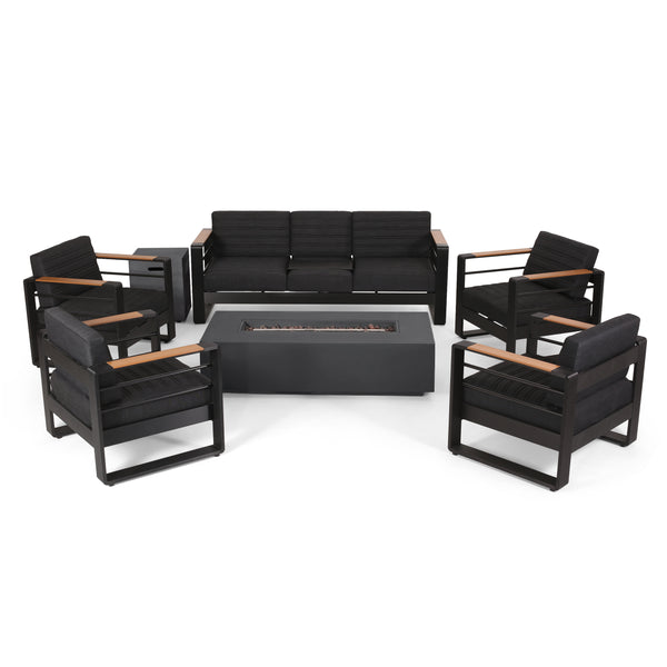 gdf studio Neffs Outdoor Aluminum 7 Seater Chat Set with Fire Pit Black Natural and Dark Gray