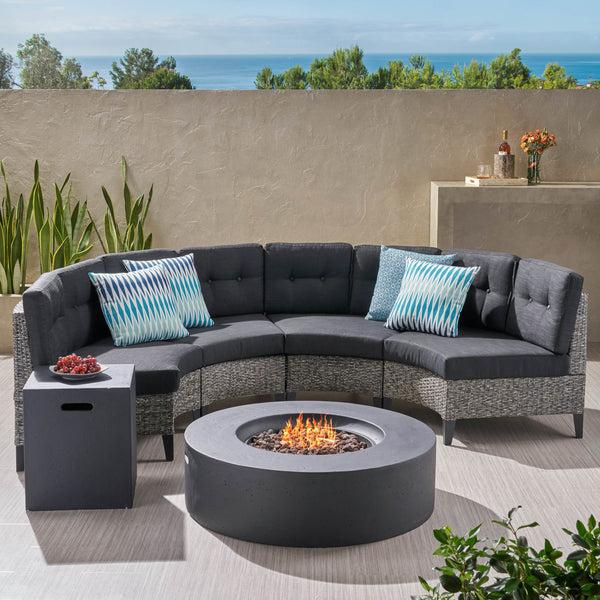 Gdf Studio Nessett Outdoor 6 Piece Mixed Black Wicker Half Round Sofa Set With Dark Grey Fire Table