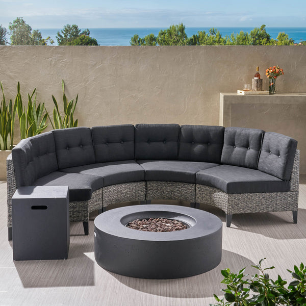 Gdf Studio Nessett Outdoor 6 Piece Mixed Black Wicker Half Round Sofa Set With Dark Grey Fire Table