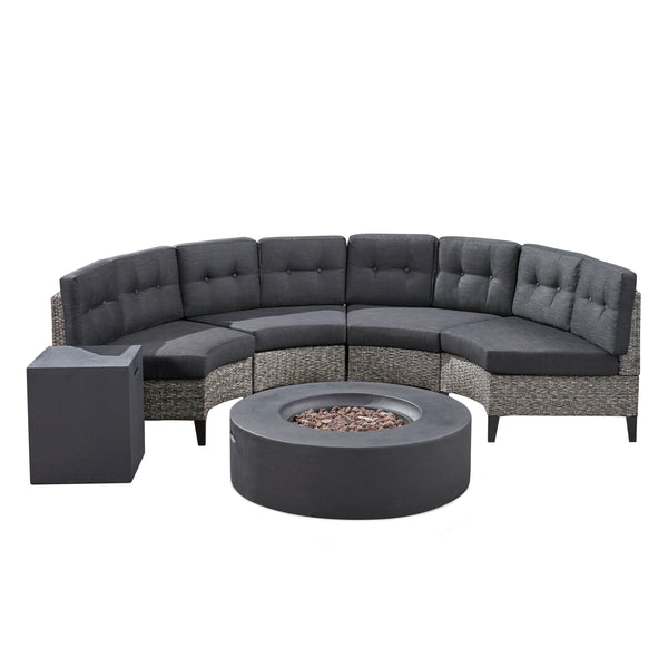 gdf studio Nessett Outdoor 6 Piece Mixed Black Wicker Half Round Sofa Set with Dark Grey Fire Table