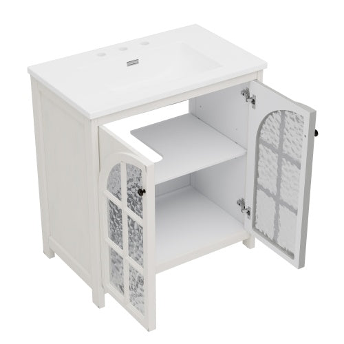 Gdf Studio ‌Nexrail 31" Vintage Bathroom Vanity With Ceramic Sink With Bronze Pulls And Tempered Glass