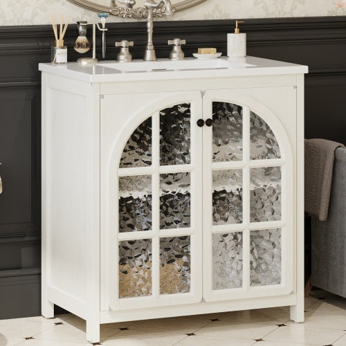 gdf studio ‌Nexrail 31" Vintage Bathroom Vanity with Ceramic Sink with Bronze Pulls and Tempered Glass