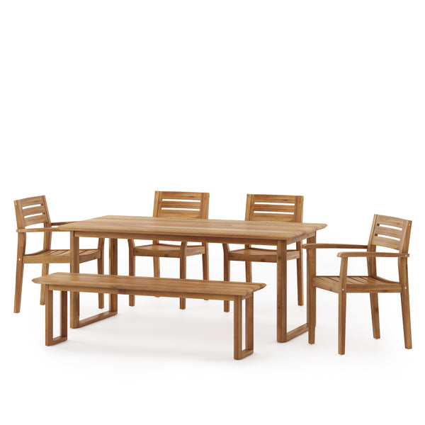 Gdf Studio Nibley Outdoor Acacia Wood 6 Piece Dining Set With Bench