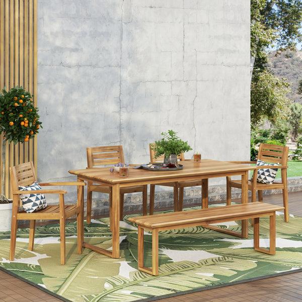 Gdf Studio Nibley Outdoor Acacia Wood 6 Piece Dining Set With Bench