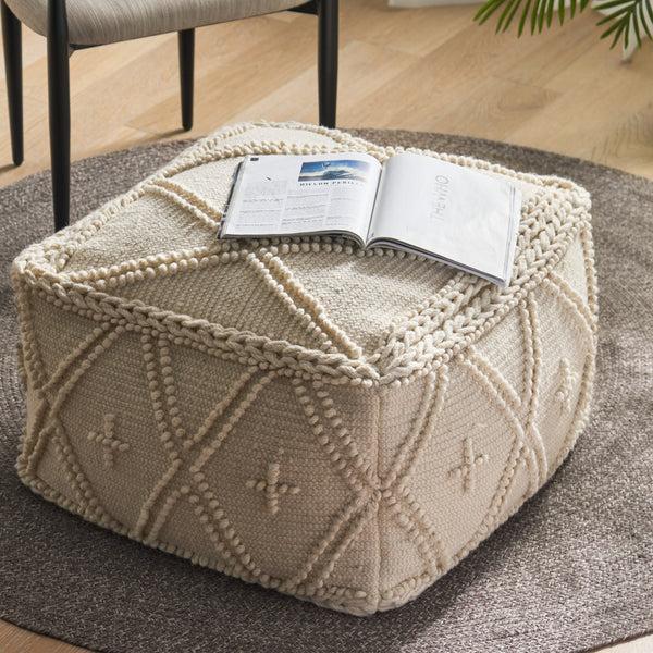 Gdf Studio Nina Large Square Casual Pouf Boho White Wool And Cotton