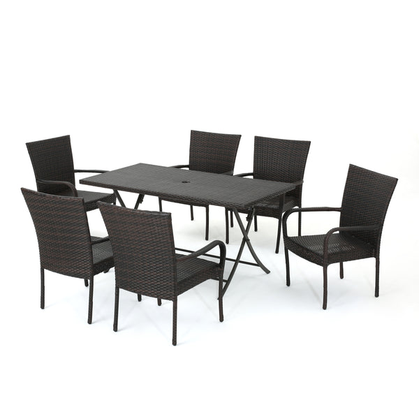 gdf studio Nina Outdoor 7-Piece Multi-Brown Wicker Dining Set with Foldable Table