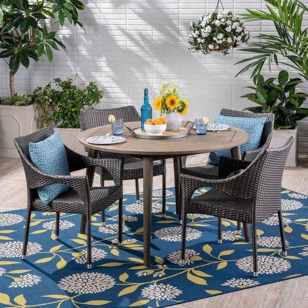 Gdf Studio Nix Outdoor 5 Piece Wicker Dining Set With Round Acacia Wood Slat Top Table