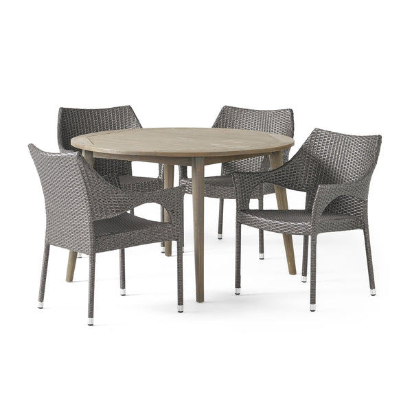 gdf studio Nix Outdoor 5 Piece Wicker Dining Set with Round Acacia Wood Slat Top Table
