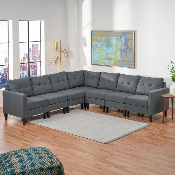 gdf studio Niya Mid Century Modern 7 Piece Fabric Extended Sectional Sofa