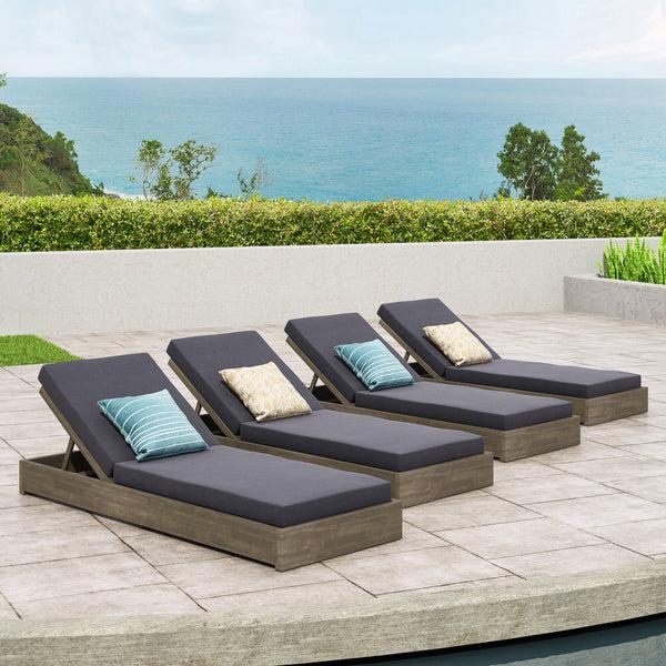 gdf studio Niyanna Outdoor Acacia Wood Chaise Lounge with Cushion (Set of 4)