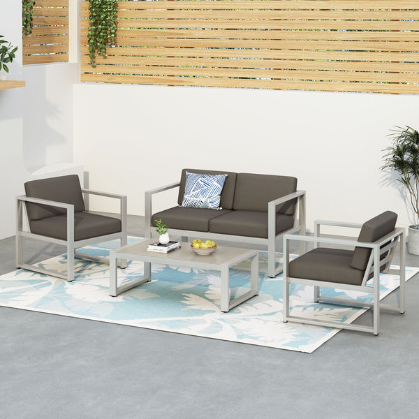 Gdf Studio Noah Outdoor 4 Piece Silver Rust-Proof Aluminum Chat Set With Gray Water Resistant Cushions