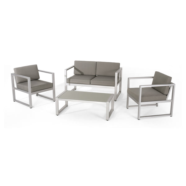 gdf studio Noah Outdoor 4 Piece Silver Rust-Proof Aluminum Chat Set with Gray Water Resistant Cushions
