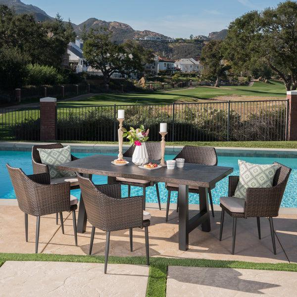 Gdf Studio Noah Outdoor 7 Piece Wicker Dining Set With Light Weight Concrete Dining Table