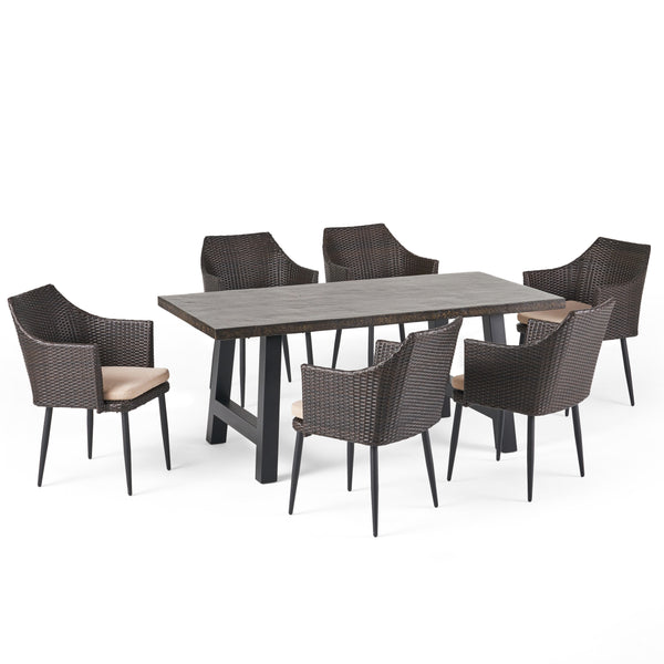 gdf studio Noah Outdoor 7 Piece Wicker Dining Set with Light Weight Concrete Dining Table
