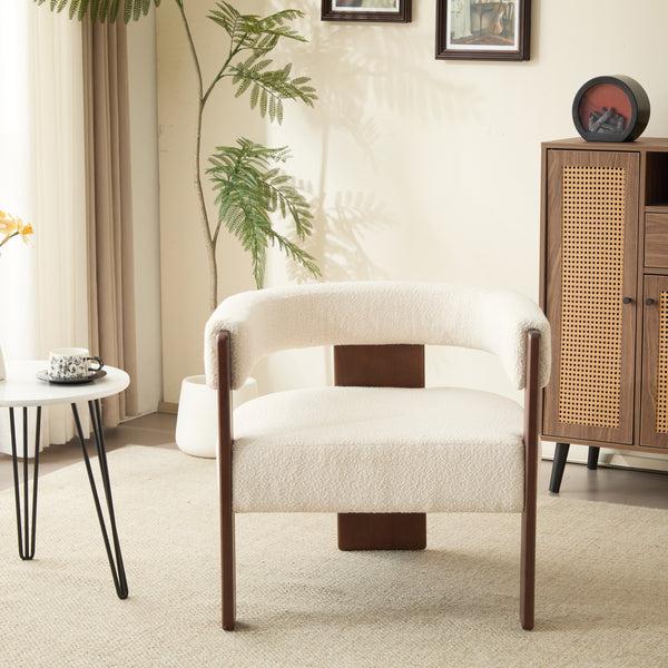 Gdf Studio Noah Upholstered Boucle Accent Arm Chair Rubberwood Beige+walnut