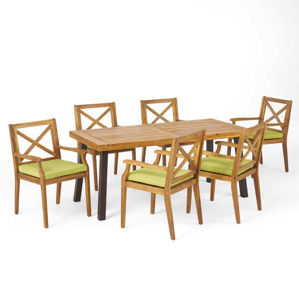 gdf studio Nolan Outdoor 7-Piece Acacia Wood and Iron Dining Set