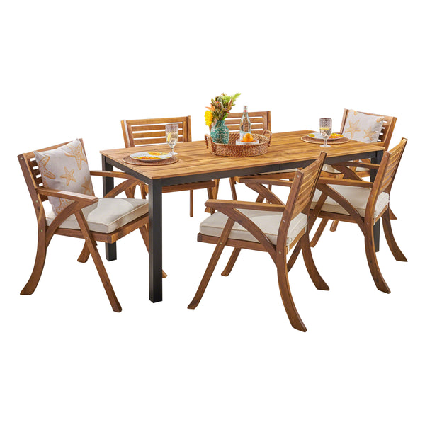 Gdf Studio Nora Outdoor 7 Piece Acacia Wood Dining Set Teak And Cream
