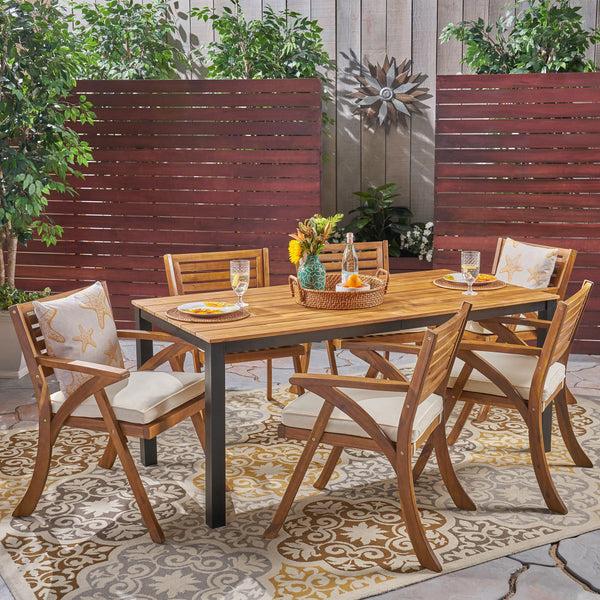 gdf studio Nora Outdoor 7 Piece Acacia Wood Dining Set Teak and Cream