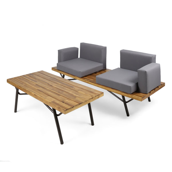gdf studio Nora Outdoor Acacia Wood Chat Set Teak Finish and Dark Gray