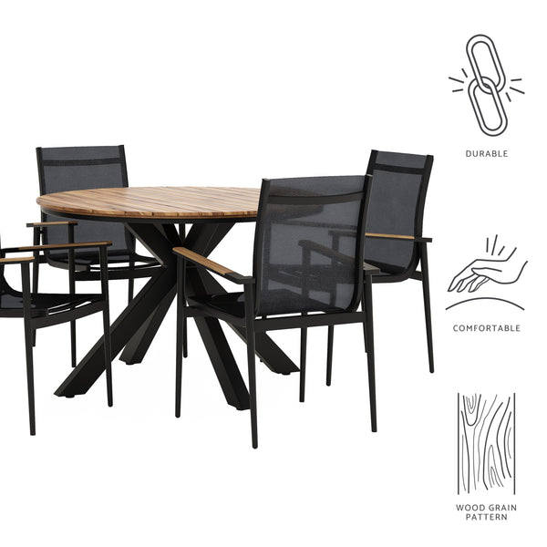 Gdf Studio Norcrest Outdoor Mesh And Acacia Wood 5 Piece Dining Set Black And Teak