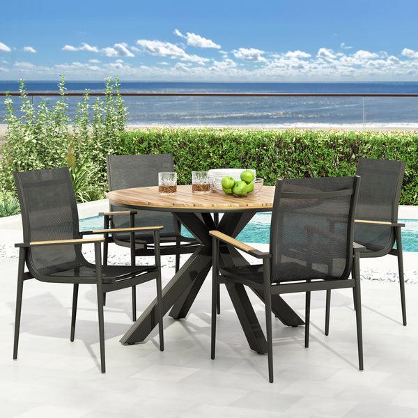 Gdf Studio Norcrest Outdoor Mesh And Acacia Wood 5 Piece Dining Set Black And Teak