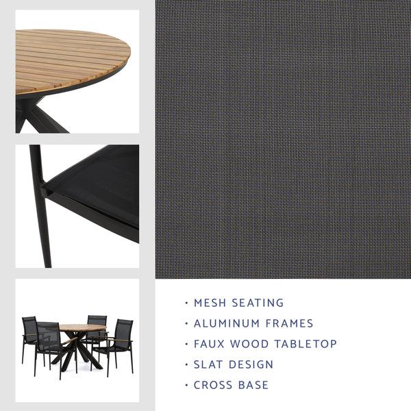 Gdf Studio Norcrest Outdoor Mesh And Acacia Wood 5 Piece Dining Set Black And Teak
