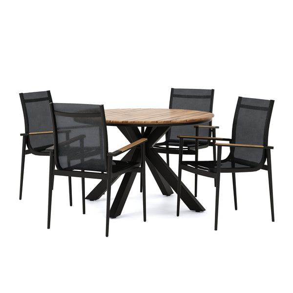 gdf studio Norcrest Outdoor Mesh and Acacia Wood 5 Piece Dining Set Black and Teak