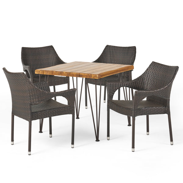 Gdf Studio Northside Outdoor Farmhouse Wood And Wicker 5 Piece Square Dining Set Teak And Multi Brown