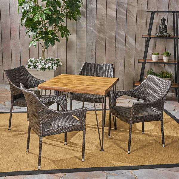 Gdf Studio Northside Outdoor Farmhouse Wood And Wicker 5 Piece Square Dining Set Teak And Multi Brown