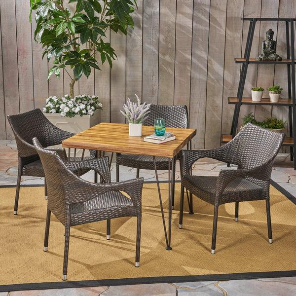 gdf studio Northside Outdoor Farmhouse Wood and Wicker 5 Piece Square Dining Set Teak and Multi Brown