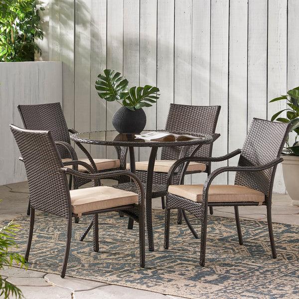 Gdf Studio Novena Outdoor Brown Wicker 5-piece Dining Set With Cushions