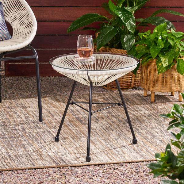 Gdf Studio Novia Outdoor Modern Faux Rattan Side Table With Tempered Glass Top