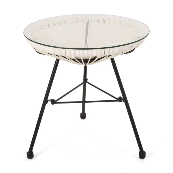 gdf studio Novia Outdoor Modern Faux Rattan Side Table with Tempered Glass Top