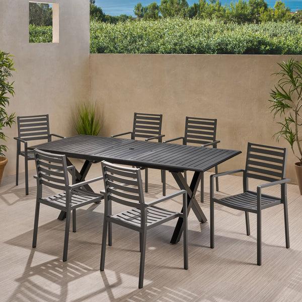 Gdf Studio Noxx Outdoor Modern 6 Seater Aluminum Dining Set With Expandable Table