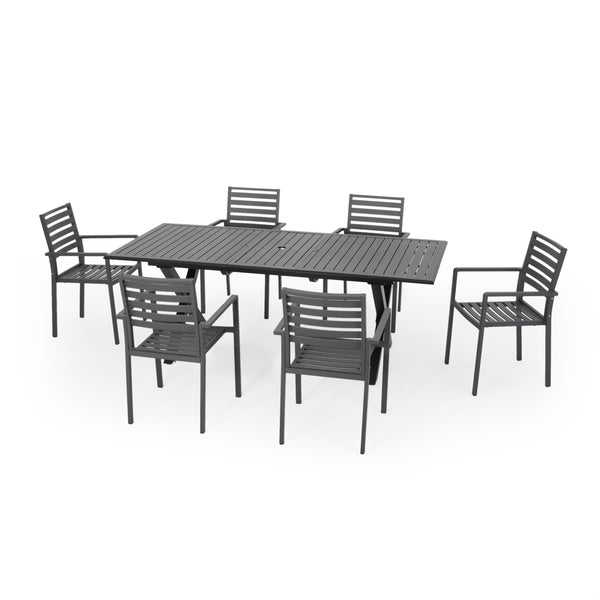 gdf studio Noxx Outdoor Modern 6 Seater Aluminum Dining Set with Expandable Table