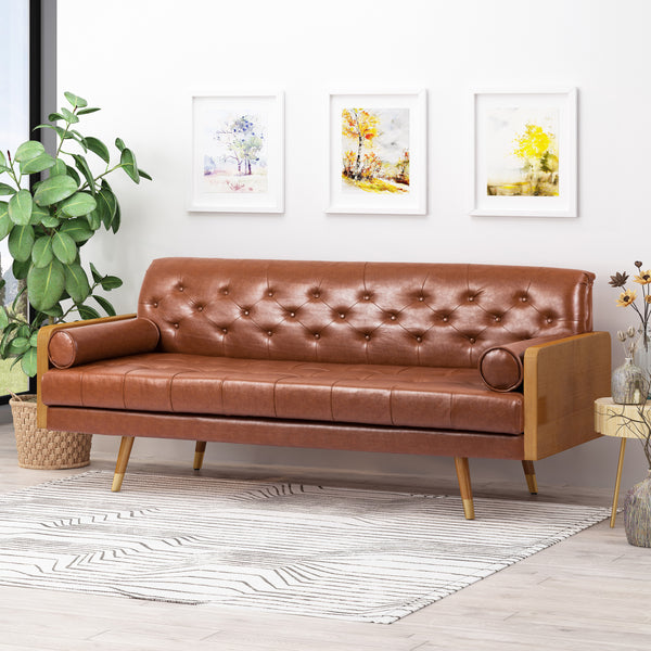 Gdf Studio Nunzio Mid-Century Modern Tufted Sofa With Rolled Accent Pillows