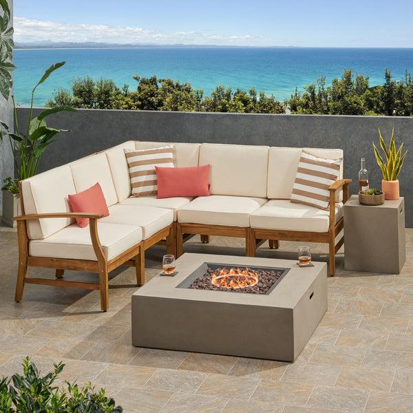 Gdf Studio Nyeemah Outdoor 5 Seater V-Shaped Acacia Wood Sofa Set With Square Fire Table And Tank