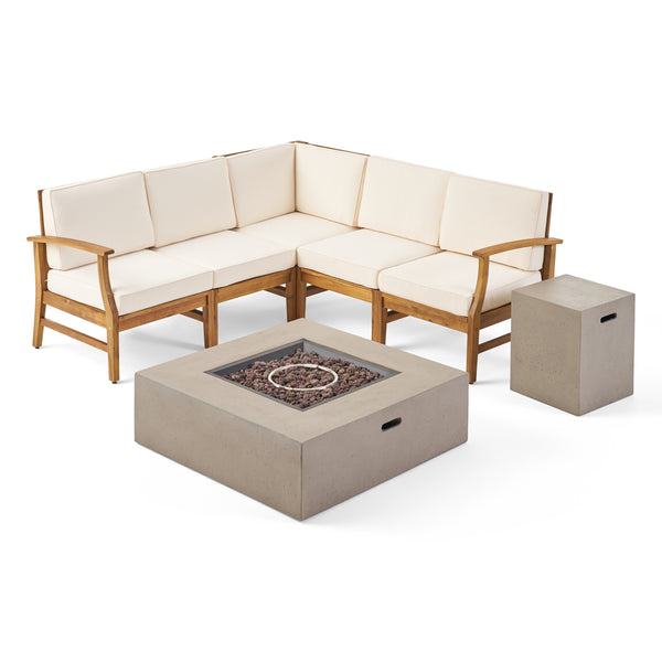 gdf studio Nyeemah Outdoor 5 Seater V-Shaped Acacia Wood Sofa Set with Square Fire Table and Tank