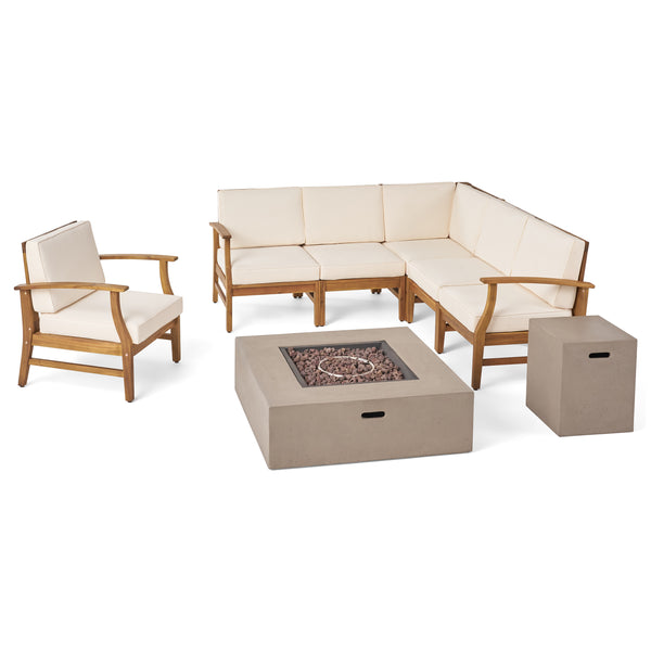 Gdf Studio Nyeemah Outdoor 6 Seater Acacia Wood Sofa Set With Square Fire Table And Tank