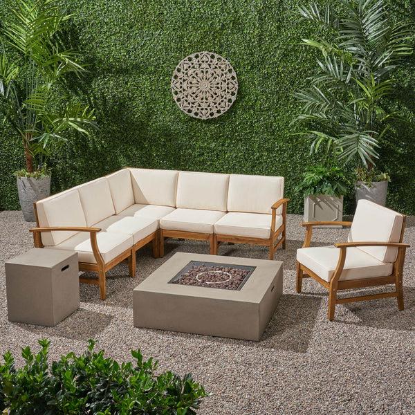 Gdf Studio Nyeemah Outdoor 6 Seater Acacia Wood Sofa Set With Square Fire Table And Tank