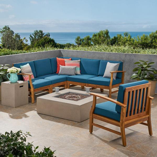 gdf studio Nyeemah Outdoor 6 Seater Acacia Wood Sofa Set with Square Fire Table and Tank